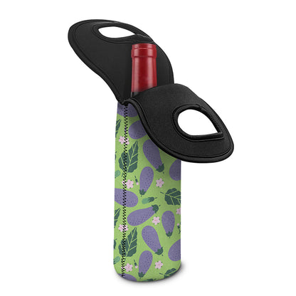 Eggplant With Leaves And Flowers Print Single Neoprene Wine Tote