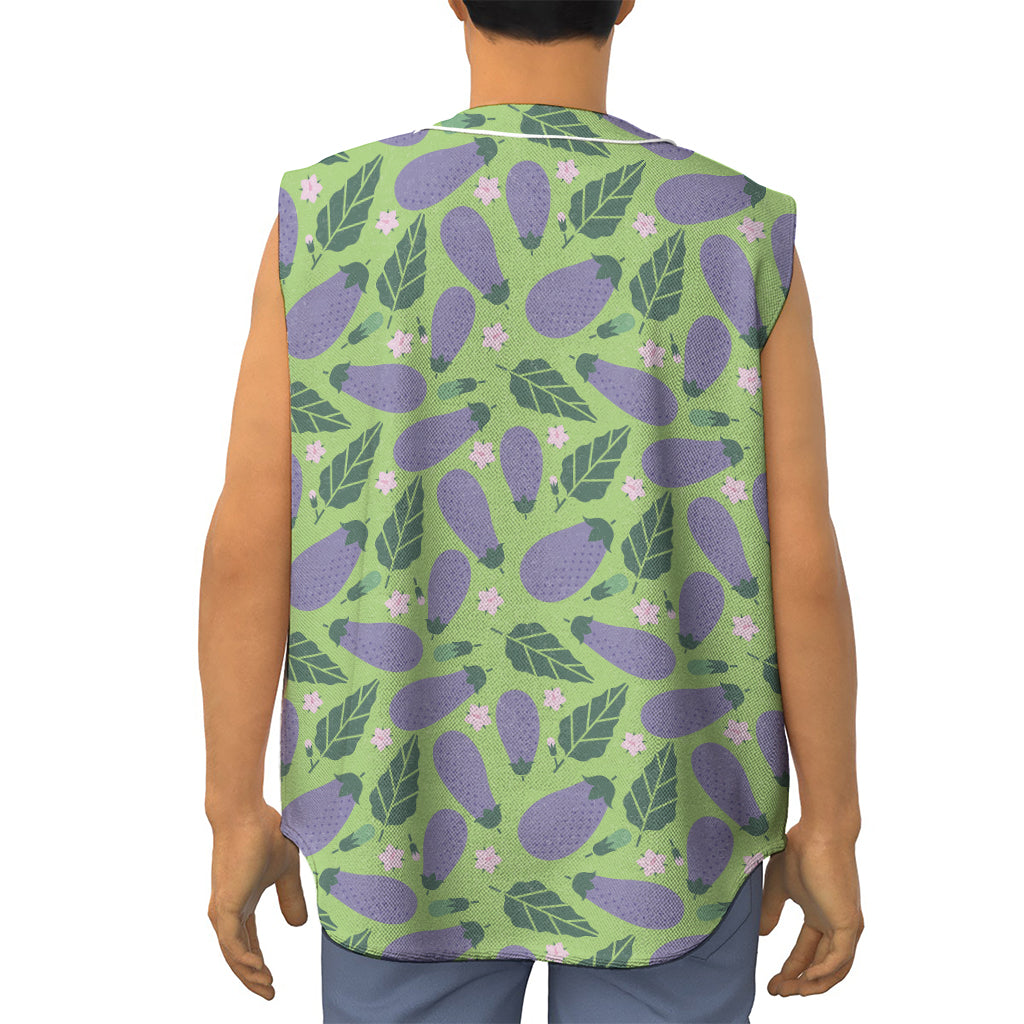 Eggplant With Leaves And Flowers Print Sleeveless Baseball Jersey