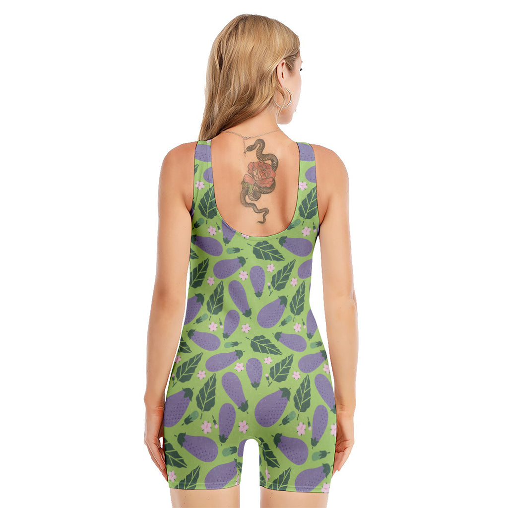 Eggplant With Leaves And Flowers Print Sleeveless One Piece Swimsuit