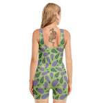 Eggplant With Leaves And Flowers Print Sleeveless One Piece Swimsuit