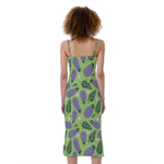 Eggplant With Leaves And Flowers Print Slim Fit Midi Cami Dress