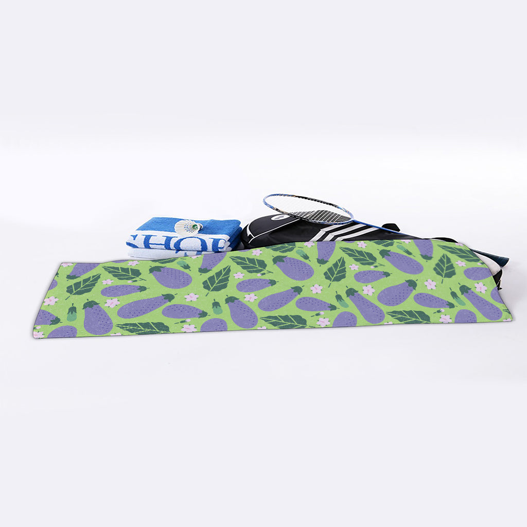 Eggplant With Leaves And Flowers Print Sports Towel