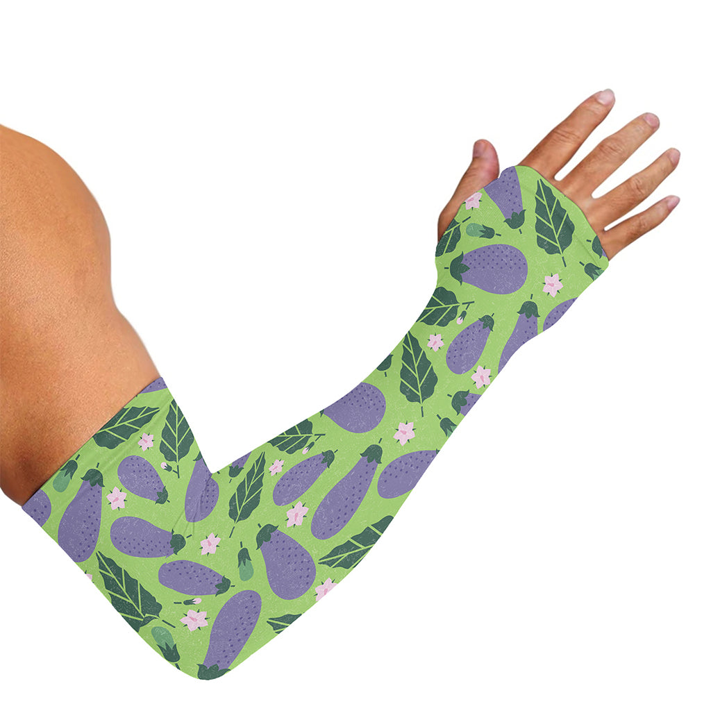 Eggplant With Leaves And Flowers Print Sun Protection Arm Sleeves