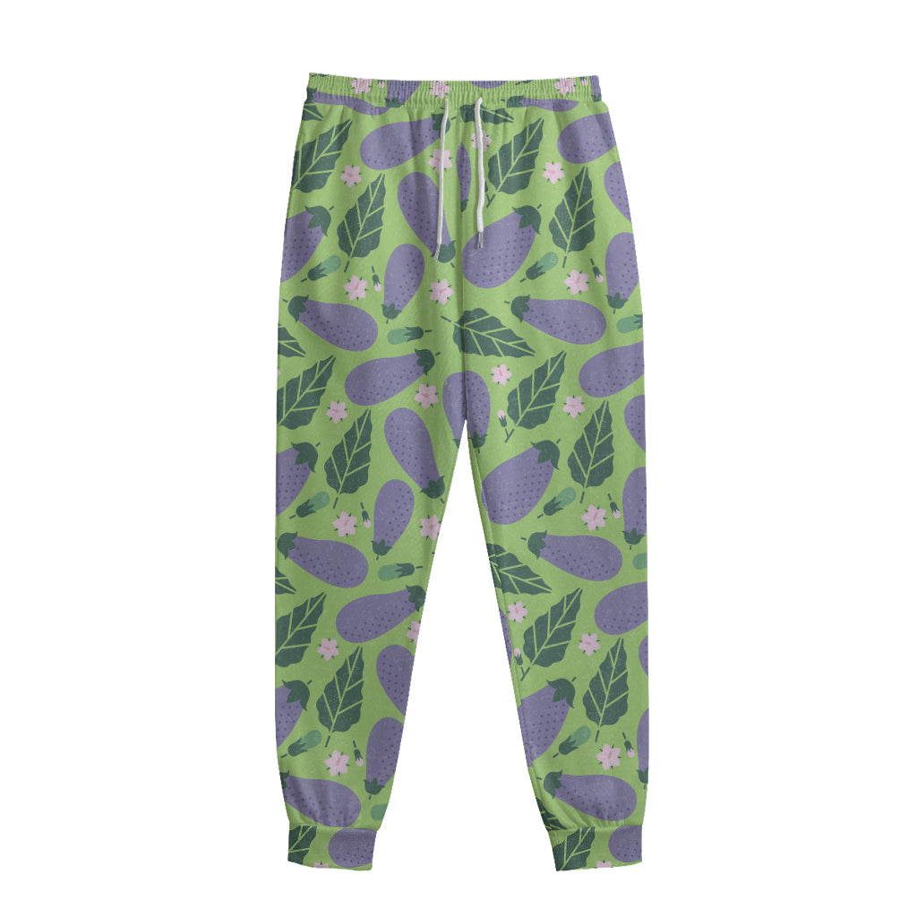Eggplant With Leaves And Flowers Print Sweatpants