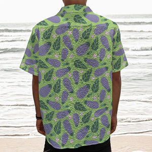 Eggplant With Leaves And Flowers Print Textured Short Sleeve Shirt