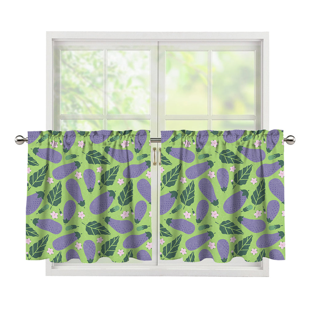 Eggplant With Leaves And Flowers Print Tier Curtains