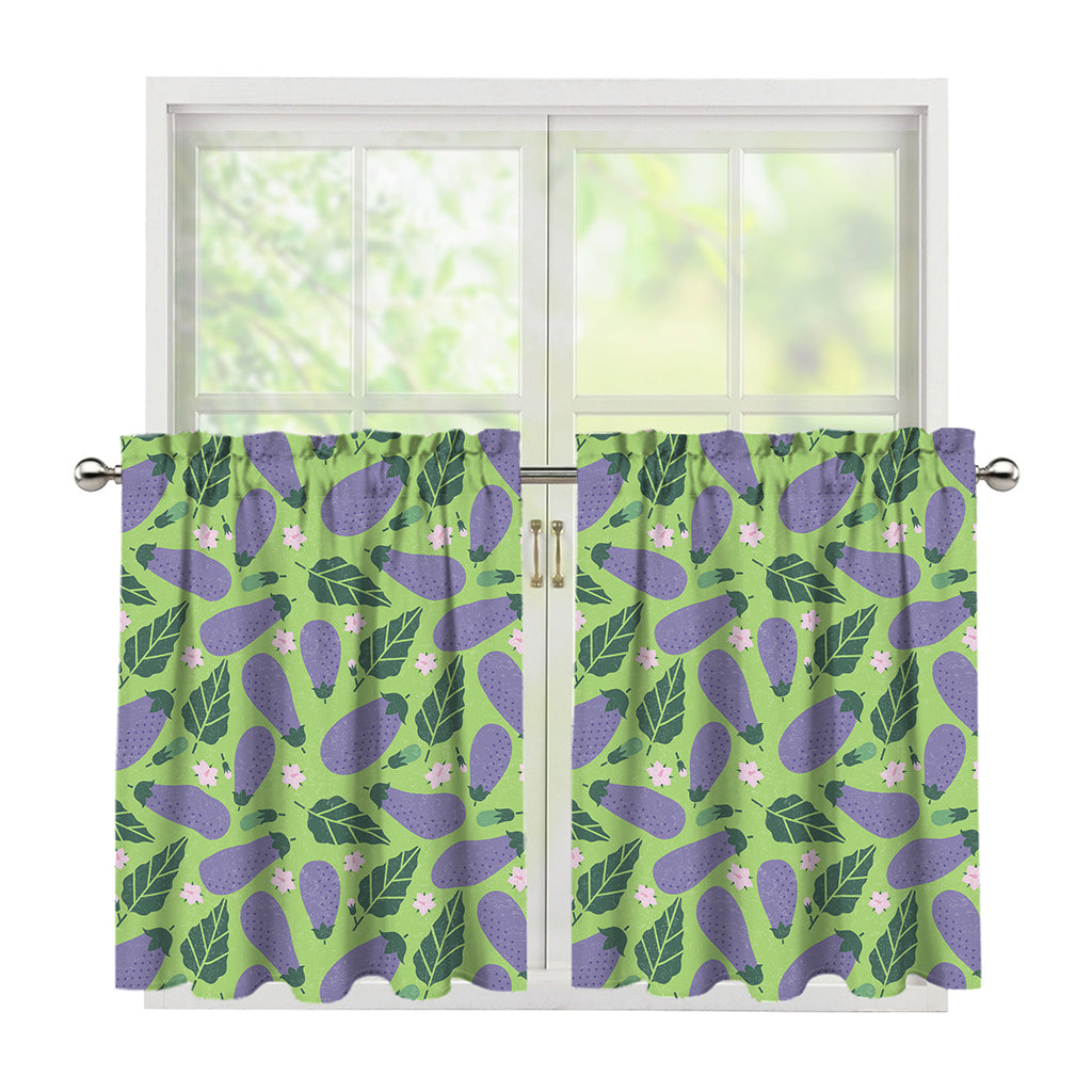Eggplant With Leaves And Flowers Print Tier Curtains