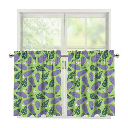 Eggplant With Leaves And Flowers Print Tier Curtains