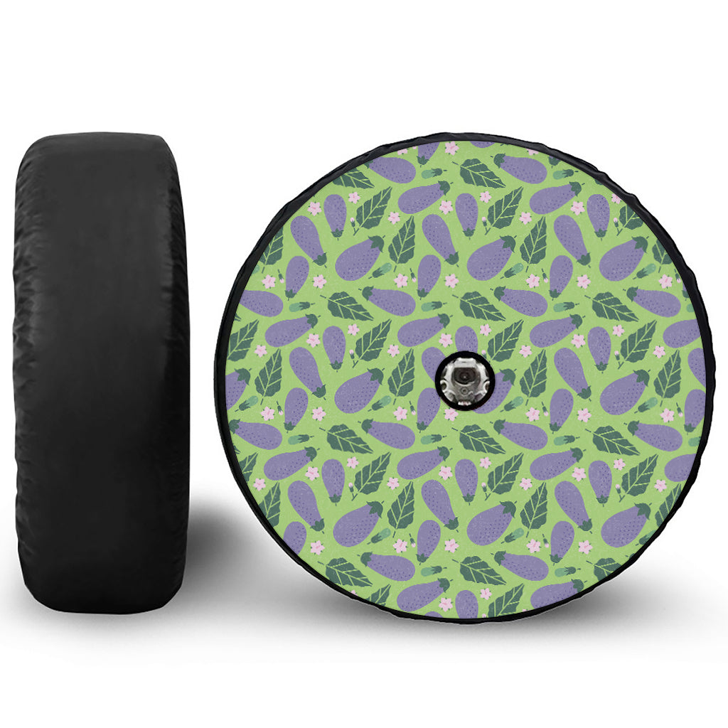 Eggplant With Leaves And Flowers Print Tire Cover With Camera Hole