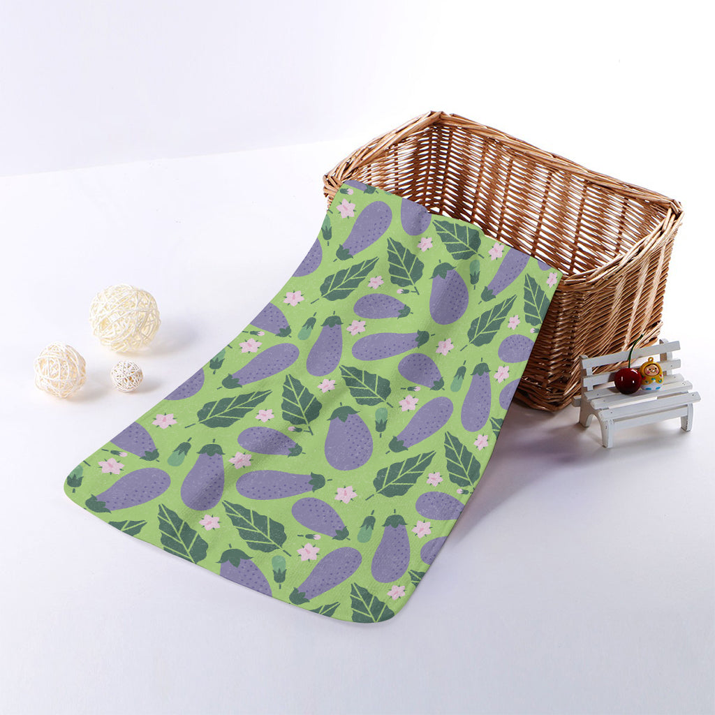 Eggplant With Leaves And Flowers Print Towel