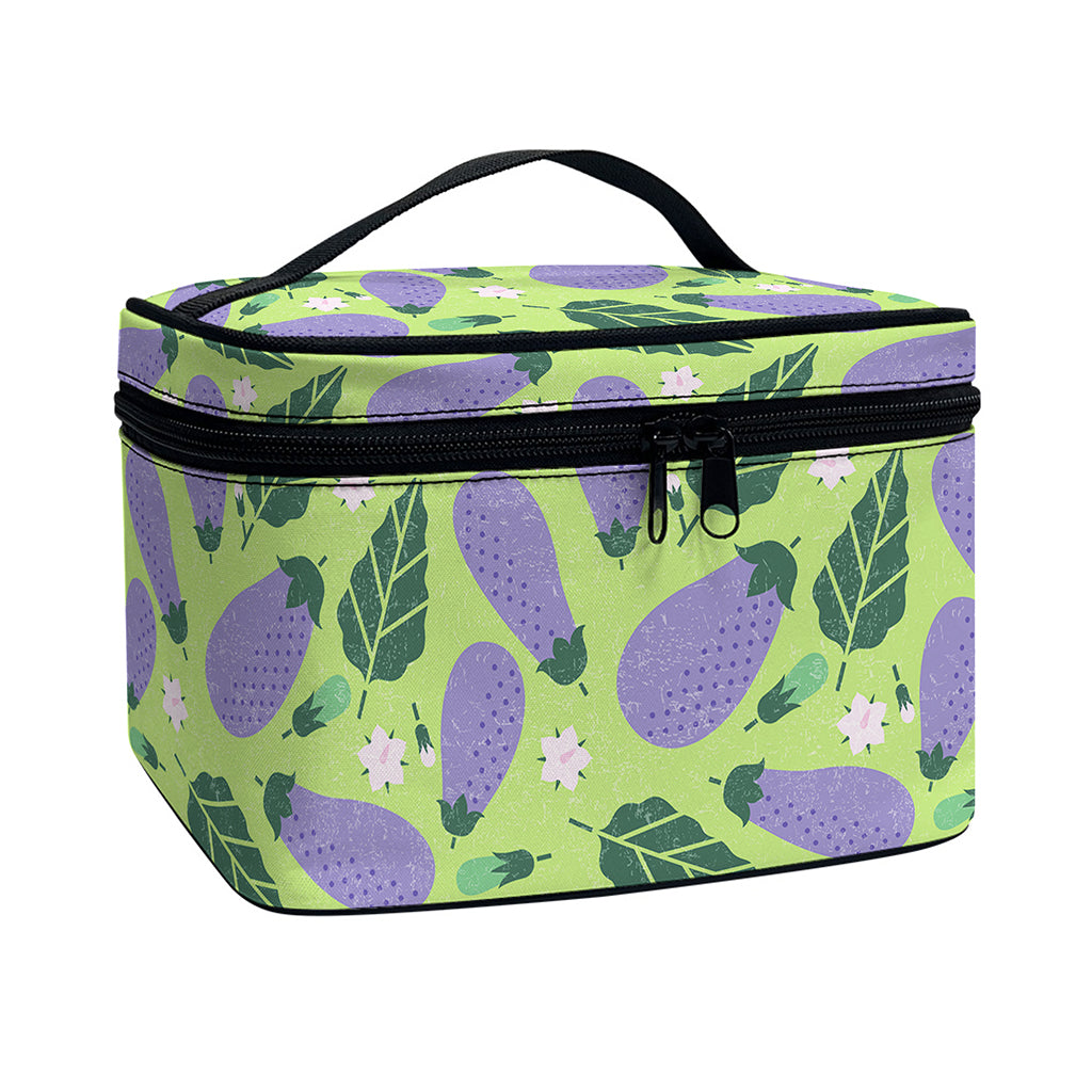 Eggplant With Leaves And Flowers Print Travel Makeup Bag