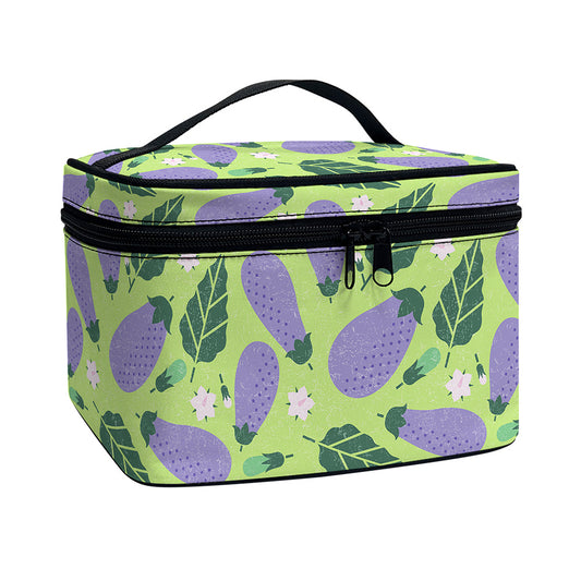 Eggplant With Leaves And Flowers Print Travel Makeup Bag