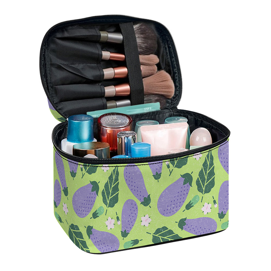 Eggplant With Leaves And Flowers Print Travel Makeup Bag