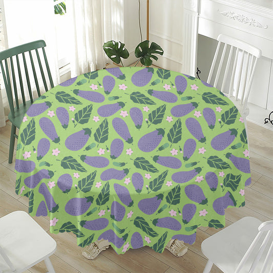 Eggplant With Leaves And Flowers Print Waterproof Round Tablecloth