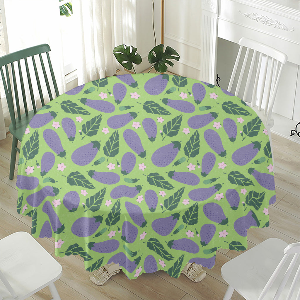Eggplant With Leaves And Flowers Print Waterproof Round Tablecloth