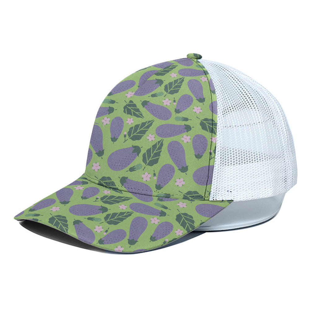 Eggplant With Leaves And Flowers Print White Mesh Trucker Cap