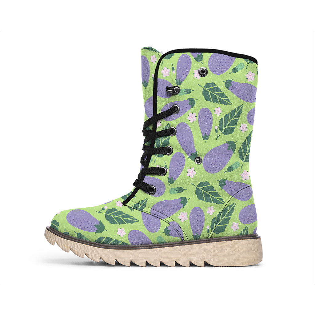 Eggplant With Leaves And Flowers Print Winter Boots