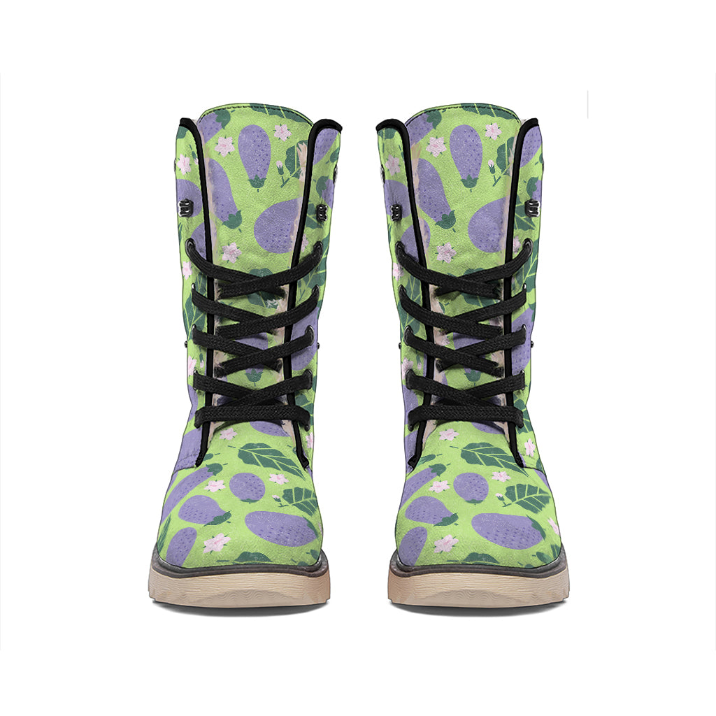 Eggplant With Leaves And Flowers Print Winter Boots