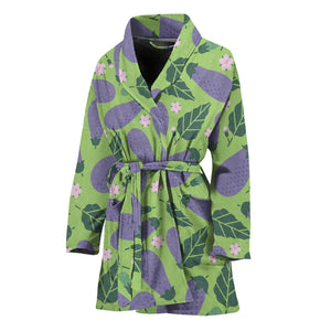 Eggplant With Leaves And Flowers Print Women's Bathrobe