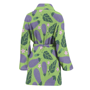 Eggplant With Leaves And Flowers Print Women's Bathrobe