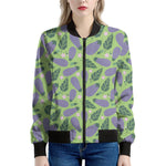 Eggplant With Leaves And Flowers Print Women's Bomber Jacket