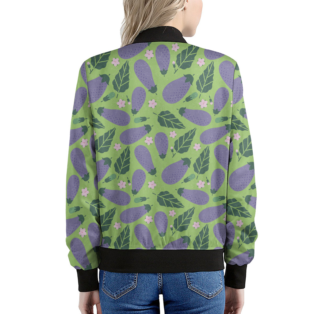 Eggplant With Leaves And Flowers Print Women's Bomber Jacket