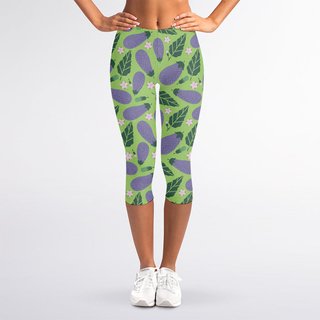 Eggplant With Leaves And Flowers Print Women's Capri Leggings