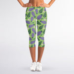 Eggplant With Leaves And Flowers Print Women's Capri Leggings