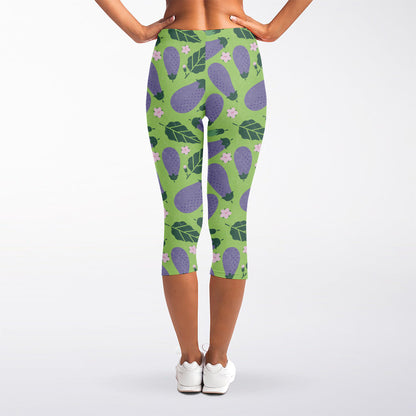 Eggplant With Leaves And Flowers Print Women's Capri Leggings