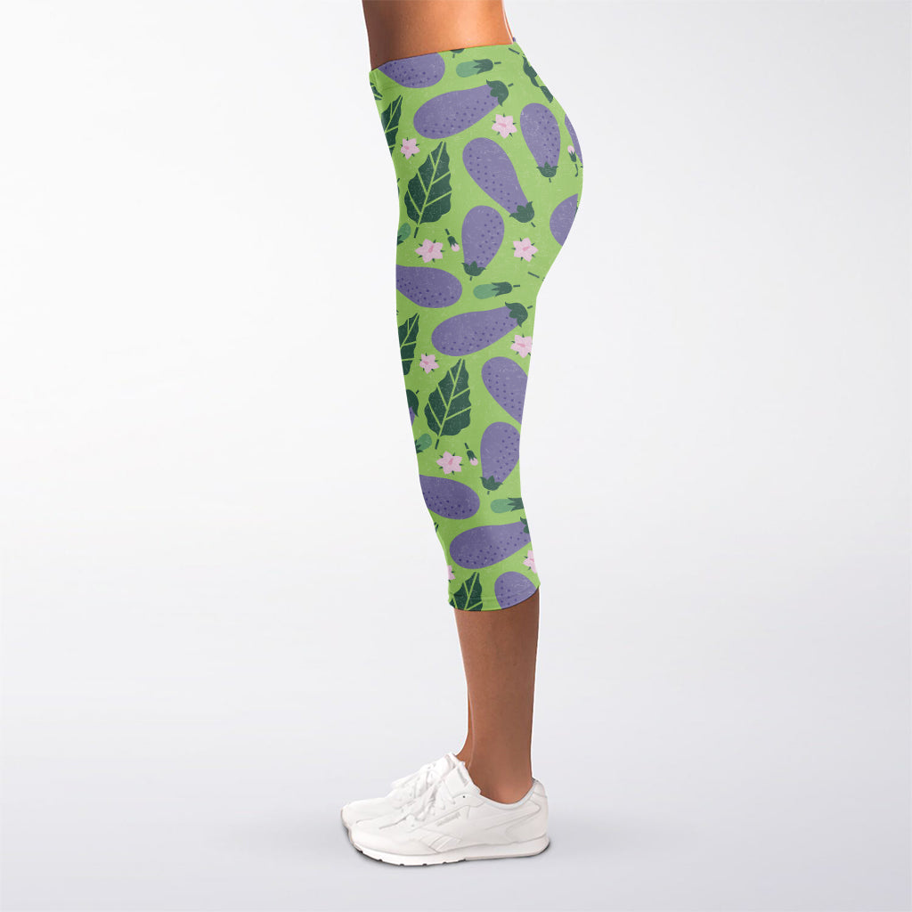 Eggplant With Leaves And Flowers Print Women's Capri Leggings