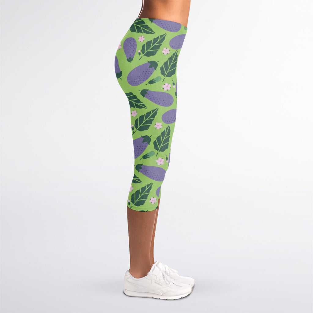 Eggplant With Leaves And Flowers Print Women's Capri Leggings