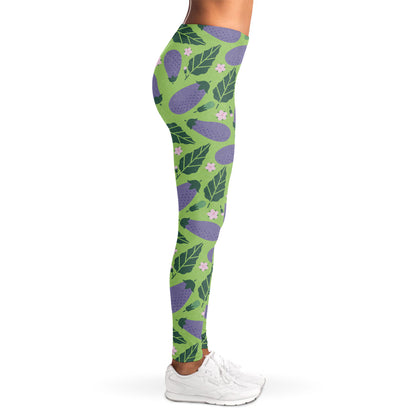 Eggplant With Leaves And Flowers Print Women's Leggings