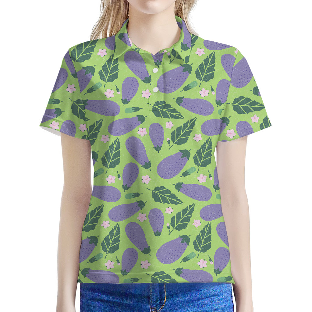 Eggplant With Leaves And Flowers Print Women's Polo Shirt