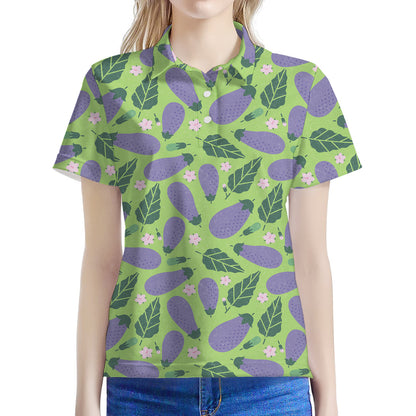 Eggplant With Leaves And Flowers Print Women's Polo Shirt