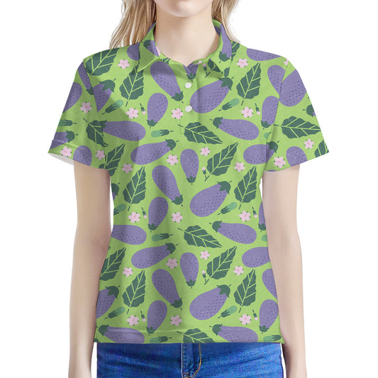 Eggplant With Leaves And Flowers Print Women's Polo Shirt