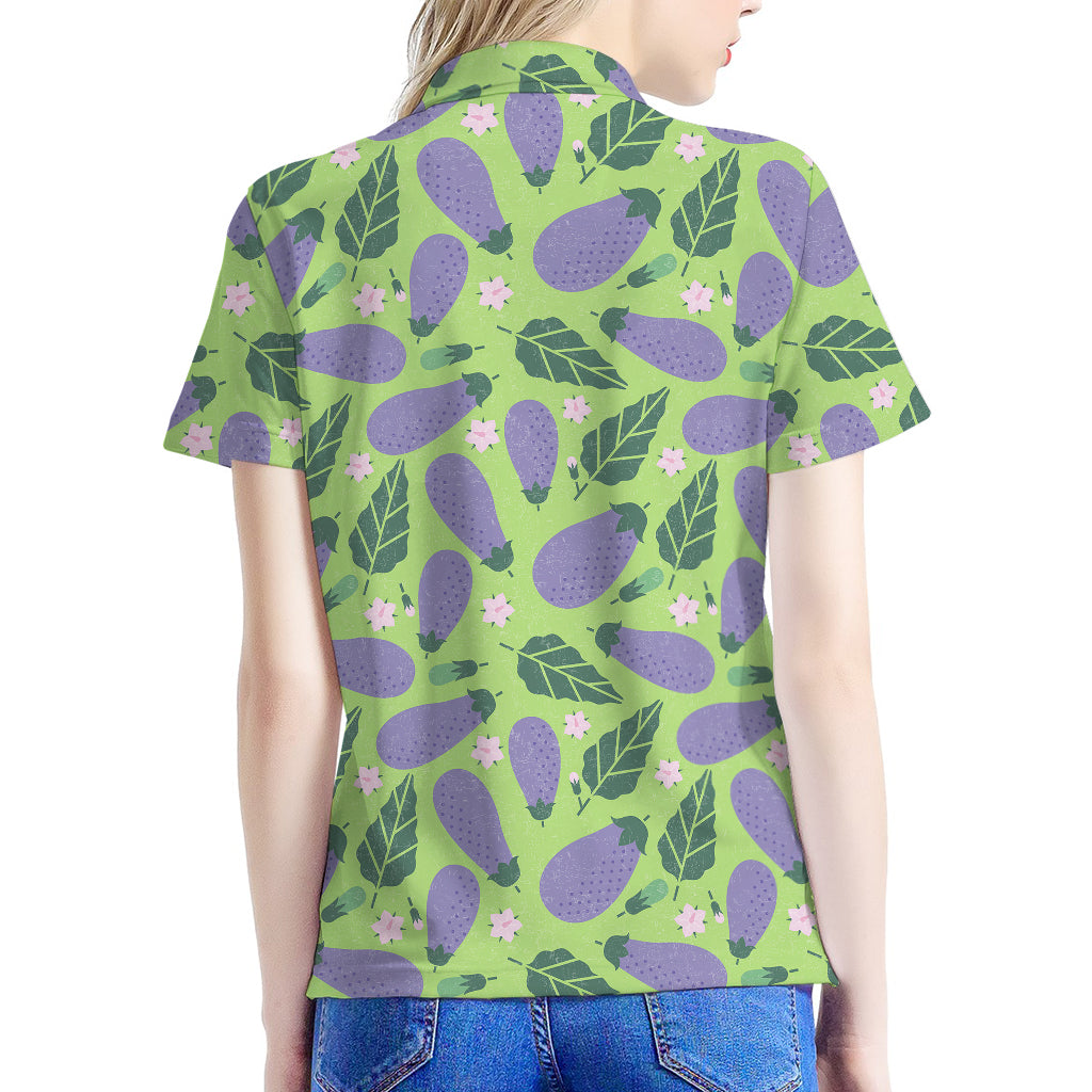 Eggplant With Leaves And Flowers Print Women's Polo Shirt