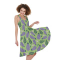 Eggplant With Leaves And Flowers Print Sleeveless Knee Length Dress