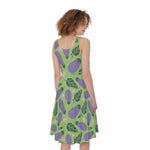 Eggplant With Leaves And Flowers Print Women's Sleeveless Dress