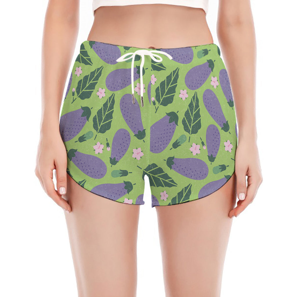 Eggplant With Leaves And Flowers Print Women's Split Running Shorts