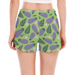 Eggplant With Leaves And Flowers Print Women's Split Running Shorts