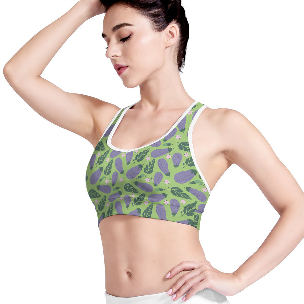 Eggplant With Leaves And Flowers Print Women's Sports Bra