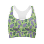 Eggplant With Leaves And Flowers Print Women's Sports Bra
