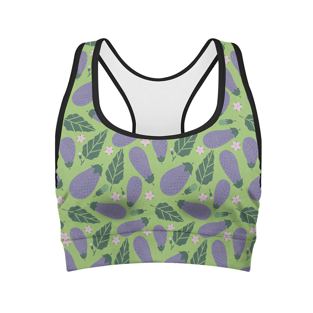 Eggplant With Leaves And Flowers Print Women's Sports Bra