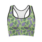Eggplant With Leaves And Flowers Print Women's Sports Bra