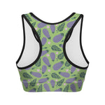 Eggplant With Leaves And Flowers Print Women's Sports Bra