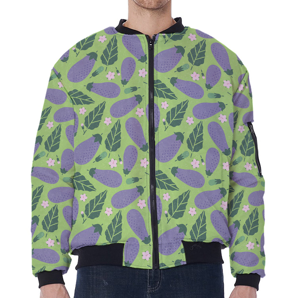 Eggplant With Leaves And Flowers Print Zip Sleeve Bomber Jacket