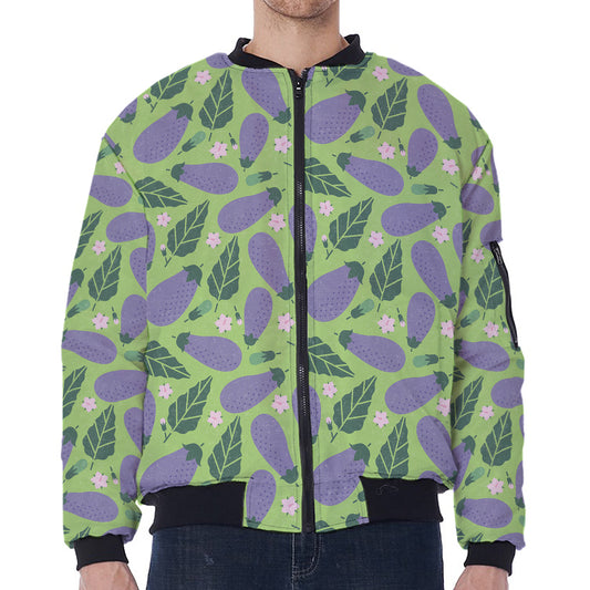 Eggplant With Leaves And Flowers Print Zip Sleeve Bomber Jacket