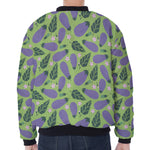 Eggplant With Leaves And Flowers Print Zip Sleeve Bomber Jacket