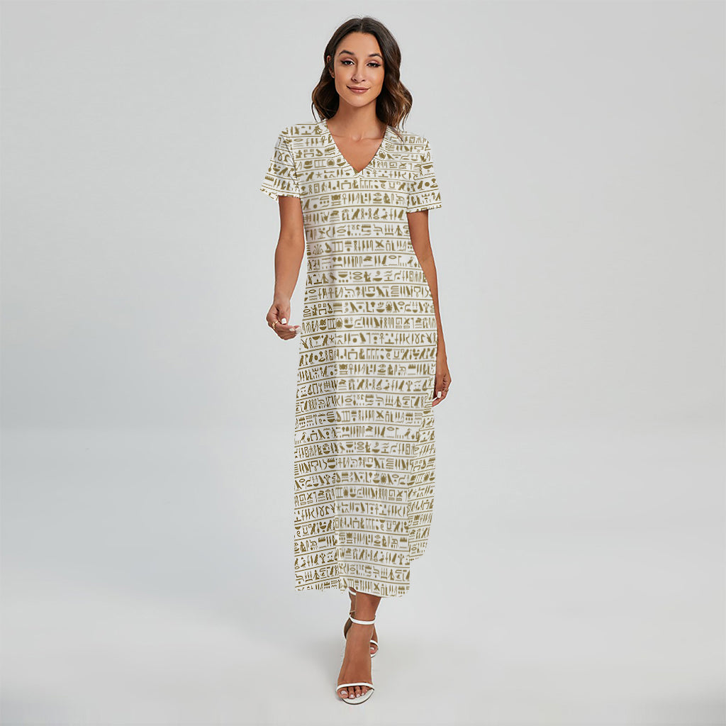 Egypt Hieroglyphs Pattern Print Short Sleeve Maxi Dress