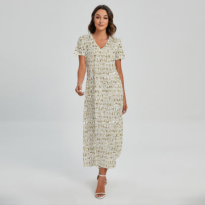 Egypt Hieroglyphs Pattern Print Short Sleeve Maxi Dress
